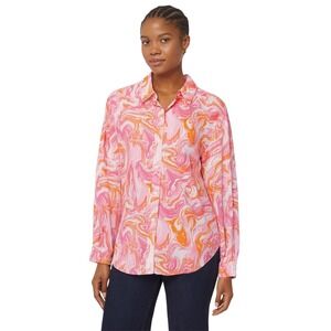 J.McLaughlin Medium Top Button Up Shirt Swirl Print‎ Long Sleeve Cotton Pink 148